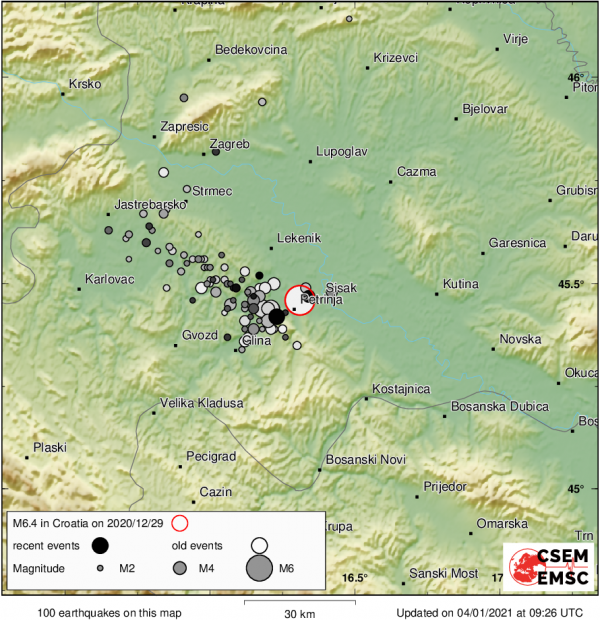 Lokacije potresa u Hrvatskoj 6 dana nakon glavnog udara. Prikazani su samo udari magnitude veće od 2.