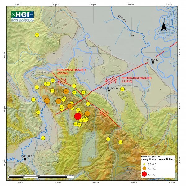 Geološka karta područja Petrinje i Siska s naglašenim glavnim rasjedima iz aktiviranih sustava rasjeda koji su uzrokovali potrese 28. i 29. prosinca 2020.