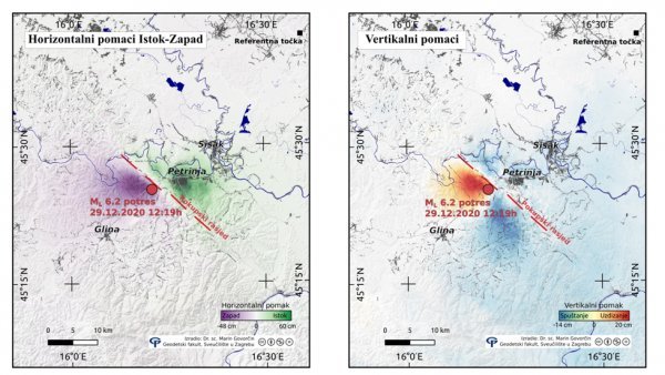 Horizontalni i vertikalni pomaci nakon potresa kod Petrinje koje su zabilježili djelatnici Geodetskog fakulteta