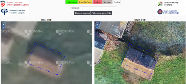 Usporedba pretpotresnog digitalnog ortofota (DGU) i aktualnog ortofota (HGSS)