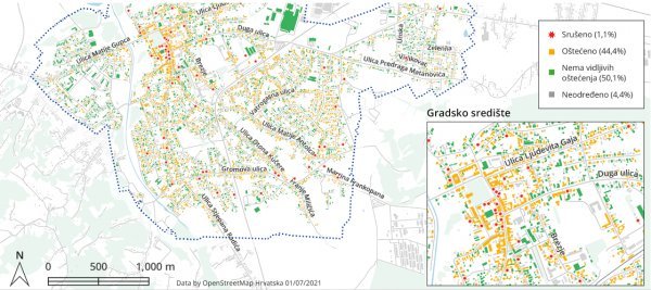 Tematska karta oštećenja krovišta na području Petrinje na temelju rezultata sustava OTON: Procjena 5663 krovišta ukazuje na oko 600 srušenih krovova te oko 2500 krovišta s vidljivim oštećenjima