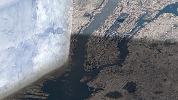 Kocka otopljenog leda na karti New Yorka