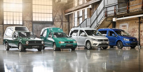VW Caddy 1., 2., 4. i 3. generacija (slijeva nadesno)