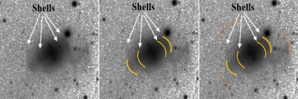 Na ovim slikama možemo vidjeti četiri zvjezdane ljuske (žute boje) koje okružuju Arp 230. Tim DIM cidi tragove drugih prstenova (narančaste crtice) koje Hubble nije uspio snimiti, no za to su potrebna dodatna očitanja.