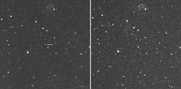 Na lijevoj strani možemo vidjeti novi objekt u zviježđu Kasiopeje, dok na desnoj strani možemo vidjeti kako je sve izgledalo prije.