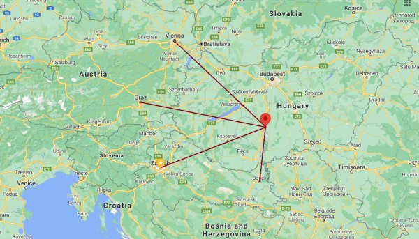 Udaljenost nuklearne elektrane Paks od Osijeka, Zagreba, Graza i Beča