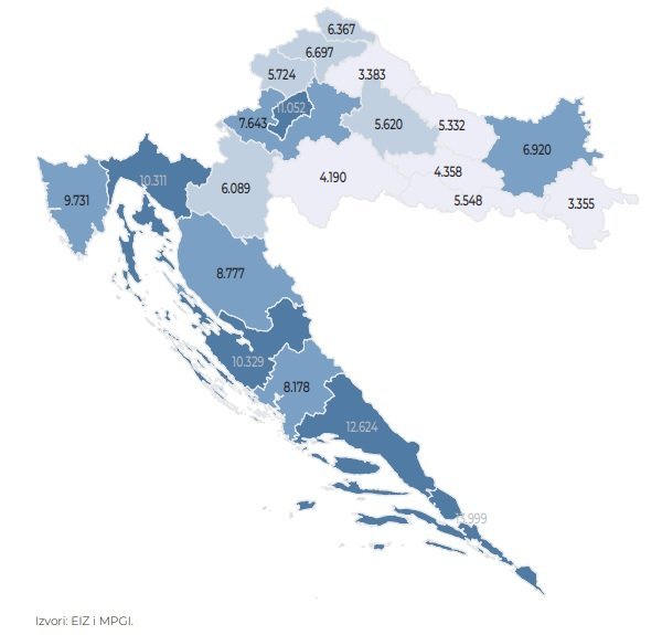 Medijalna cijena stana po županijama u 2020. godini