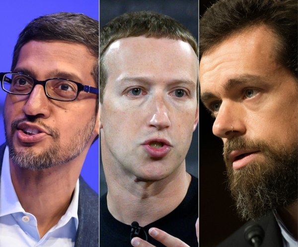 Sundar Pichai (šef Googleova Alphabeta), Mark Zuckerberg (šef Facebooka) i Jack Dorsey (osnivač Twittera)