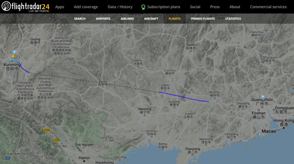 Prikaz leta MU5735 China Eastern Airlinesa od Kumninga do Guangzhoua, koji se srušio blizu grada Wuzhoua