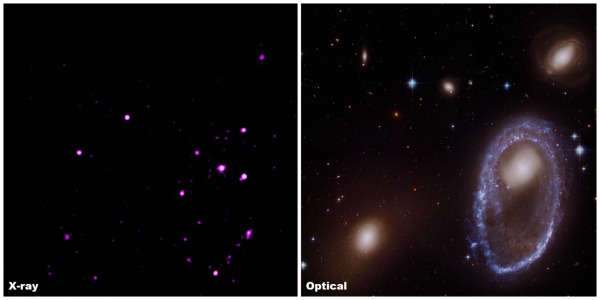 Na slici vidimo snimku prstenaste galaksije snimljene redgenom i u vidljivom spektru