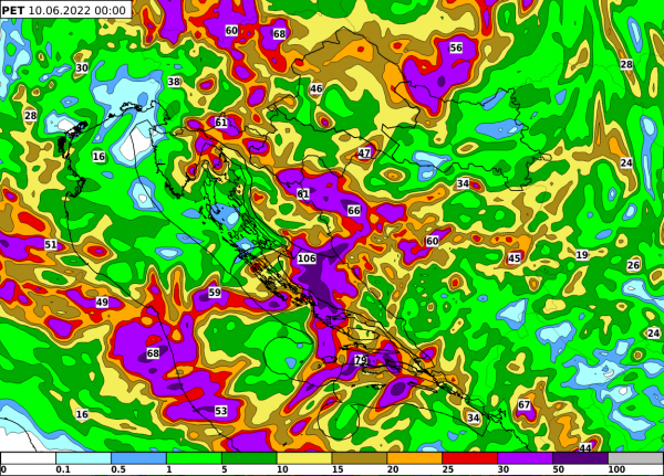 ALADIN-HR4 prognoza ukupne 24-satne količine oborine (mm) u razdoblju od 9. 6. 2022. u 00 UTC do 10. 6. 2022. u 00 UTC