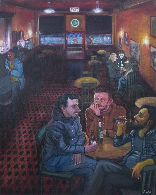 Two Croatians and one Albanian at the Magician, 61x76cm, 24x30”, Oil on canvas, 2022