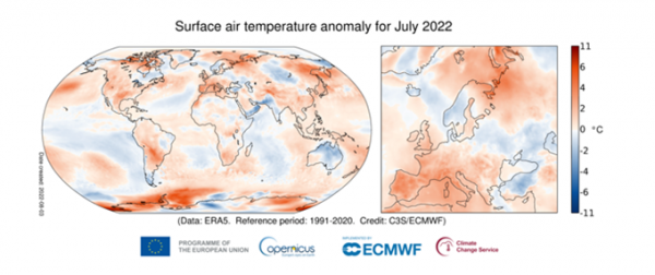 Anomalija površinske temperature zraka za srpanj 2022. u odnosu na srpanjski prosjek za razdoblje 1991.-2020