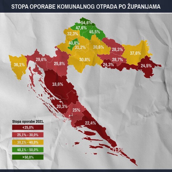 Stopa oporabe komunalnog otpada po županijama s uključenim dodatno utvrđenim i procijenjenim količinama u 2021.