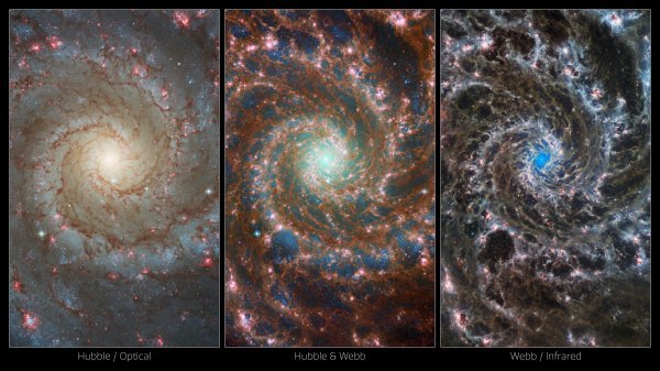 Usporedba snimki galaksije M74 teleskopima Hubble i James Webb