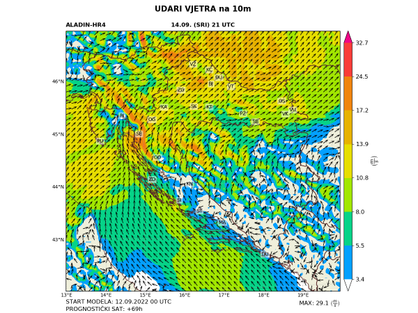 ALADIN-HR4 modelska prognoza udara vjetra (m/s) na 10 m visine za 14. rujna 2022. u 21 UTC.