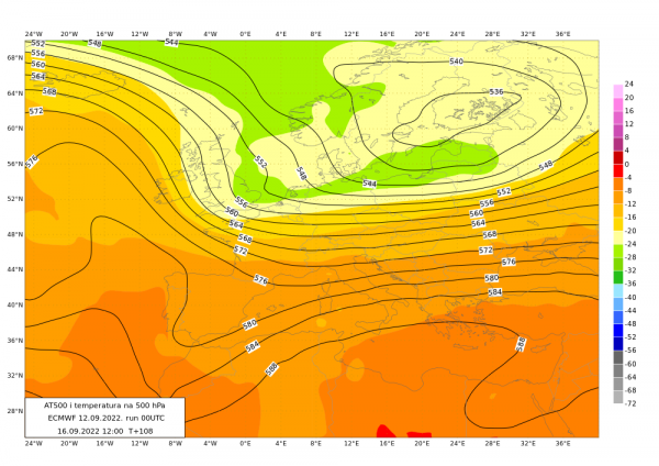 ECMWF modelska prognoza geopotencijalne visine AT500 izobarne plohe 500 hPa i temperature zraka (°C) na istoj plohi za 16. rujna 2022. u 12 UTC.