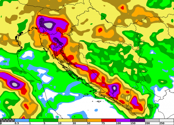 ECMWF modelska prognoza akumulirane količine oborine (mm) u razdoblju od 15. rujna u 00 UTC do 17. rujna 2022. u 00 UTC.