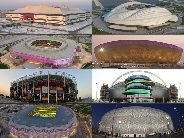 Slijeva nadesno: Al Bajt u Al Koru, Al Džanub u Dohi, Ahmad bin Ali u Al Rajanu, Lusail u Dohi, stadion 974 u Dohi, Međunarodni stadion Kalifa u Dohi, stadion Education city u Al Rajanu i Al Tumama u Dohi