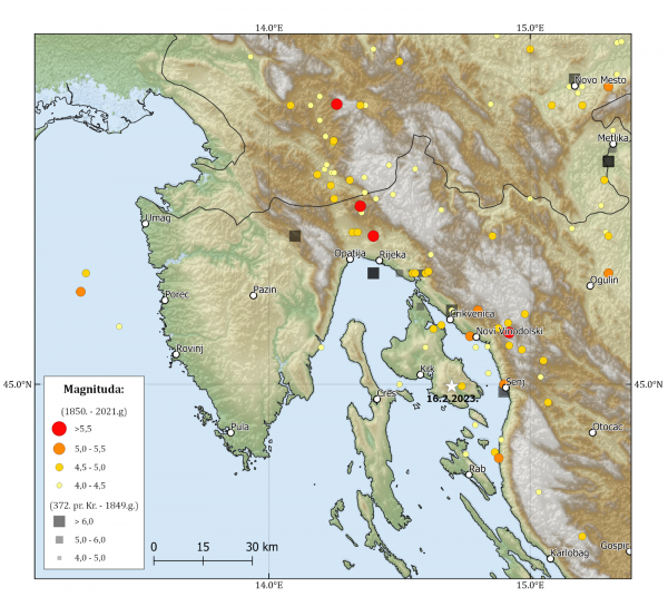 Karta epicentara potresa čija je magnitude veća ili jednaka 4,0. Zvjezdicom je naznačen potres 16. veljače 2023. u 10:47. Veličina kružića i boja označavaju magnitudu potresa od 1850., dok su kvadratićima označeni povijesni potresi prije 1850. godine