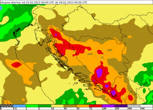 ECMWF prognoza akumulirane oborine (mm) od 25. 2. u 00 UTC do 28. 2. 2023. u 00 UTC