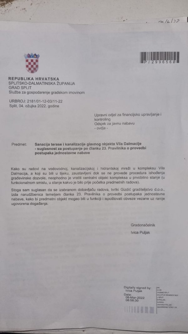 Nalog za vraćanje radova u prvobitno stanje koji je izdao Ivica Puljak