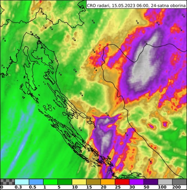 Slika 2. Analiza 24-satne akumulirane oborine prema radarskim podacima u razdoblju od 14. svibnja u 6 UTC do 15. svibnja 2023. u 6 UTC