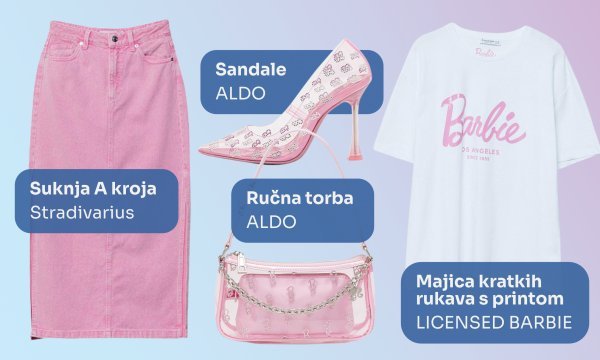 Stradivarius suknja (25,99 €), sandale i ručna torba Aldo, majica s printom Licensed Barbie