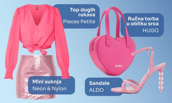 Neon & Nylon mini suknja (26,41 €), Pieces Petite top (22,55 €), Hugo ručna torba (68,95 €), Aldo sandale