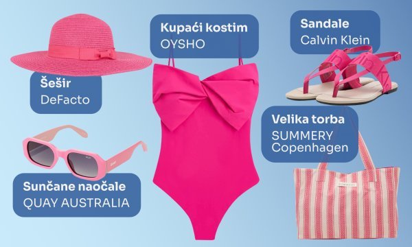 Šešir DeFacto (6,90 €), sunčane naočale Quay Australia, kupaći kostim Oysho (38,99 €), sandale Calvin Klein (74,95 €), velika torba Summery Copenhagen (71,45 €)