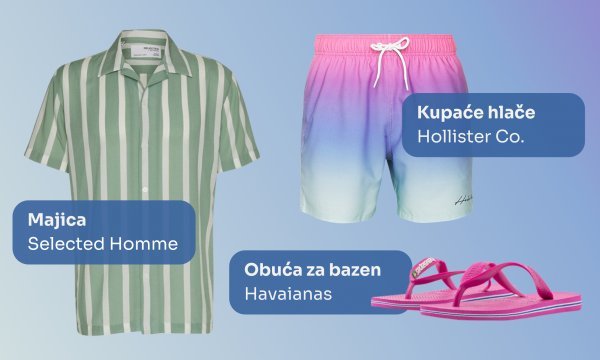 Majica Selected Homme (49,77 €), obuća za bazen Havaianas (29,86 €), kupaće hlače Hollister Co. (27,95 €)