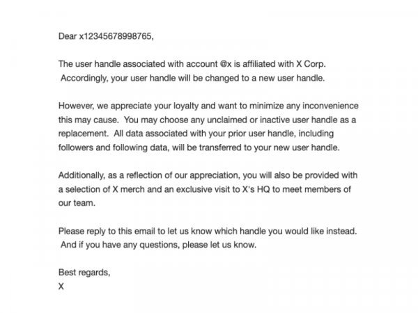 Pismo koje je tvrtka X poslala dosadašnjem vlasniku računa @X