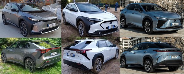 Usporedba dizajna tri sestrinska modela: Toyota bZ4X, Subaru Solterra i Lexus RZ 450e (slijeva na desno)