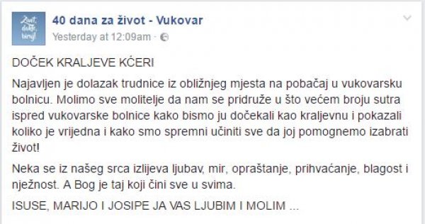 Vukovarska podružnica molitvene zajednice 40 dana za život svoj je poziv objavila putem Facebooka Facebook