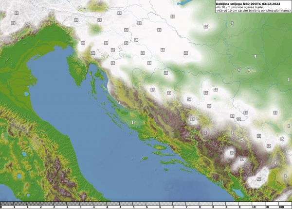 Očekivana debljina snježnog pokrivača do nedjelje 3. prosinca