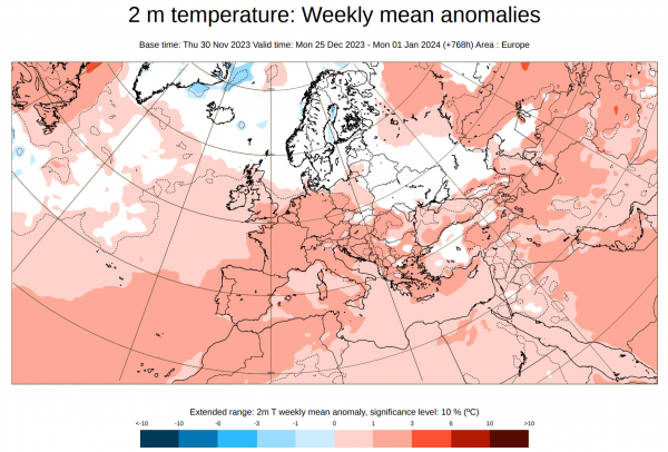Karta prikazuju dosta više temperature na većem dijelu europskog kontinenta u prosincu