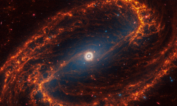 NGC 1300, prečkasta spiralna galaksija NGC 1300 s malim crvenim zvijezdama koje se vide na vrhovima narančastih traka prašine