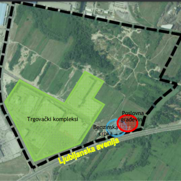 Zona UPU-a SCZJ iscrtana crnom linijom, a lokcija nebodera označena je crvenim krugom