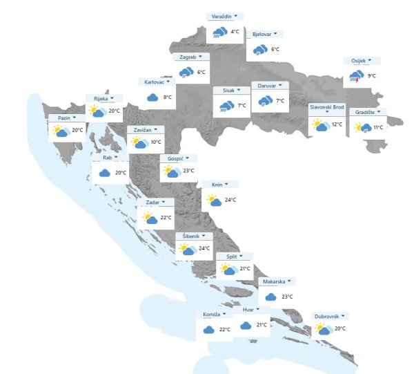 Temperatura u Hrvatskoj u 16. travnja u 15h