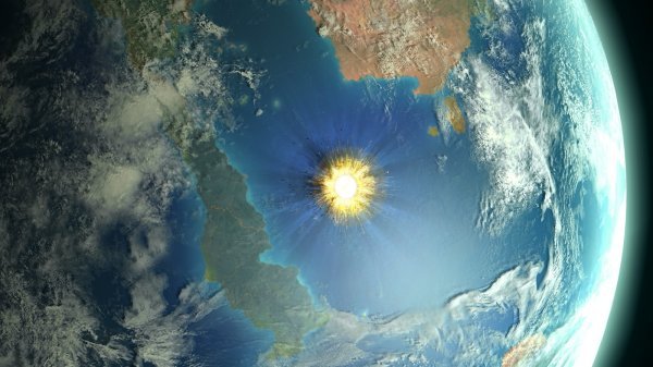 Ilustracija udara asteroida i nastanka kratera Chicxulub