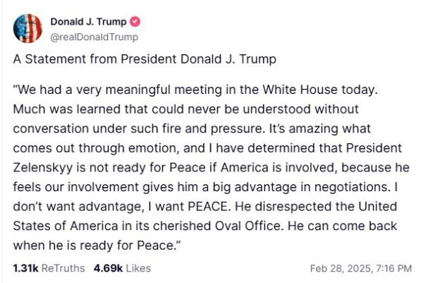 Trumpova objava na Truth Socialu nakon sastanka sa Zelenskim