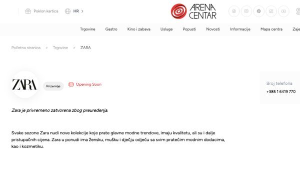 Obavijest o preuređenju Zara trgovine u Arena Centru