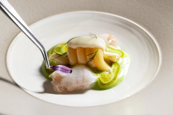 2. Herb-infused carbonara with scampi and Iberian pork