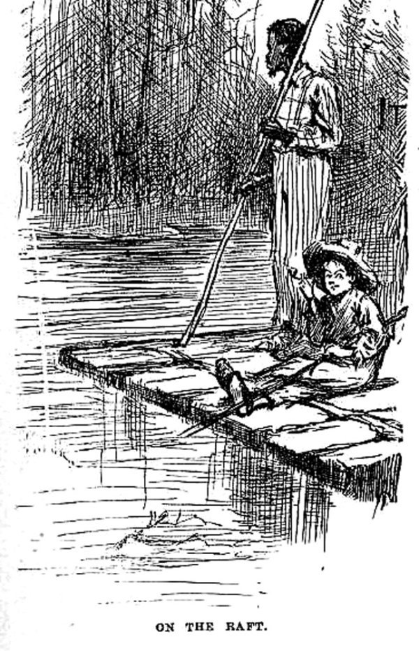 Ilustracija Jima i Hucka na splavi iz originalnog izdanja, 1884.