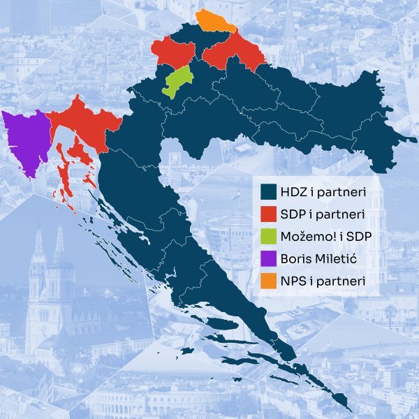 Karta Hrvatske prema osvojenim mandatima župana