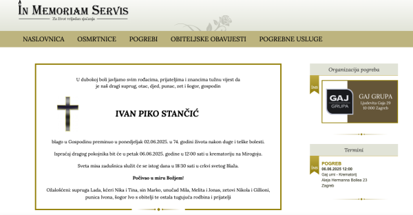 Osmrtnica Ivana Pike Stančića