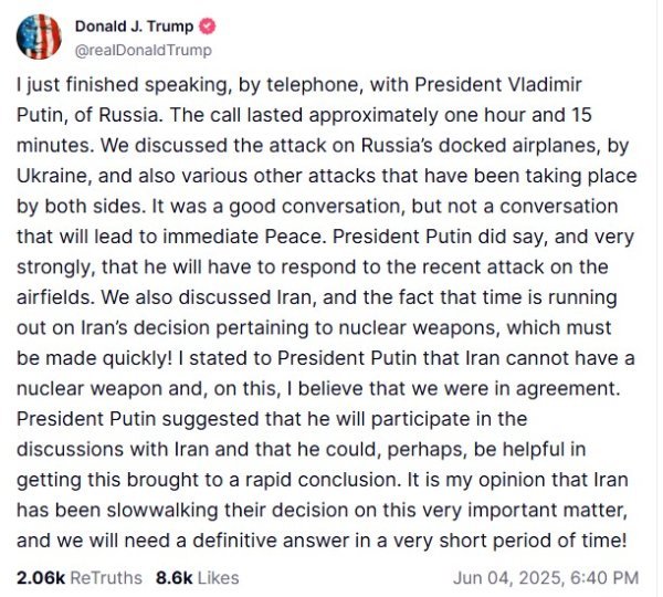 Trump o razgovoru s Putinom