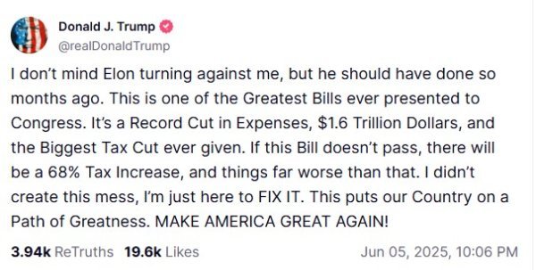 Donald Trump na Truth Socialu o Elonu Musku