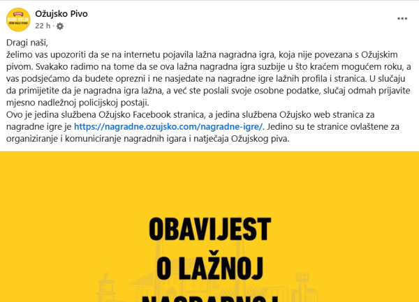 Obavijest o lažnoj nagradnoj igri