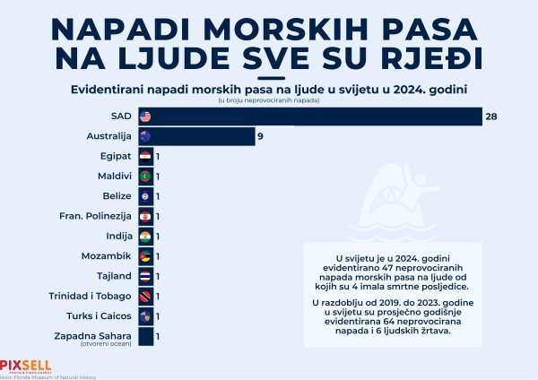 Broj napada morskih pasa na ljude u 2024.